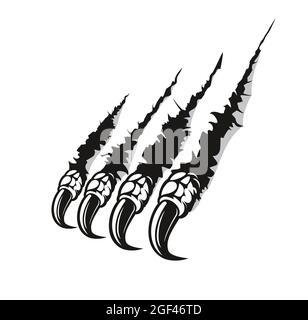 Dragon claw marks scratches, monster fingers with long nails tears through paper or wall surface. Vector monochrome wild animal rips, isolated paw she Stock Vector