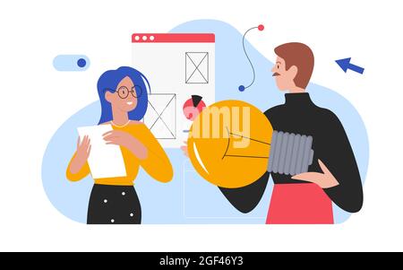 Business creative idea, success teamwork vector illustration. Cartoon man woman characters working together new project, businessman holding big light bulb, finding right solutions isolated on white Stock Vector
