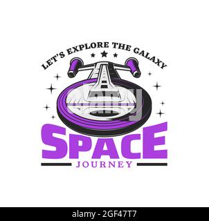 Futuristic space shuttle vector icon of space travel, journey and adventure design. Spaceship or starship flying through galaxy universe with stars, a Stock Vector