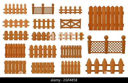 Garden and farm cartoon wooden fence, vector palisade gates, balustrade with pickets. Enclosure railing, banister or fencing sections with decorative Stock Vector