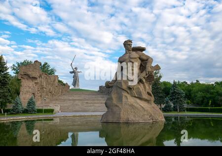Memorial complex Heroes of the Battle of Stalingrad on the Mamayev Hill and the monument Motherland Calls in Volgograd in the Autumn Day Stock Photo