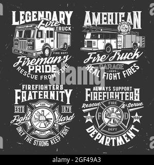 Firefighters dept badge and fire truck t-shirt vector print. Fire rescue team, emergency service clothing grungy print template. American fireman wate Stock Vector