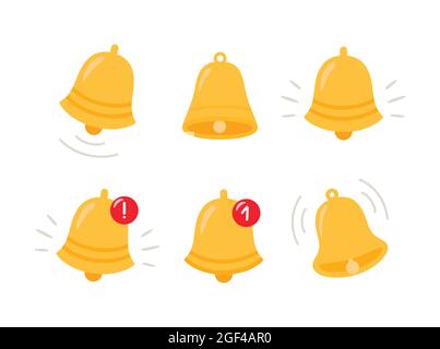 Notification bell icon. The golden alert bell is shaking. Set of bells Stock Vector