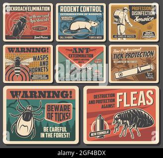 Pest control and home disinfection service, protection from insects parasites posters. Cockroach extermination, wasp, hornet and ticks danger warning, Stock Vector