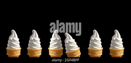 Rows of Vanilla Soft Serve Ice Cream Cones on Black Background with Copy Space Stock Photo