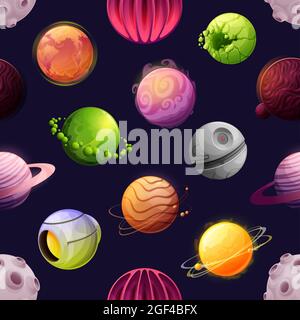 Cartoon space futuristic planets and stars seamless pattern. Vector asteroids, fantastic cosmic alien world. Galaxy objects, planets with rings, crate Stock Vector