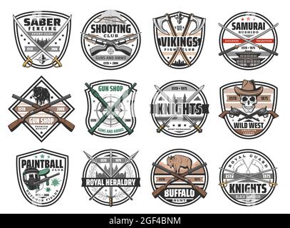 Guns, battle weapon and hunting ammo vector icons. Wild West revolvers, saber fencing emblem, crossed spears sign. Paintball club rifle, Viking axes, Stock Vector