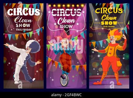 Shapito circus cartoon performers characters and clowns vector posters ...