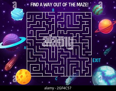 Space labyrinth maze, cartoon galaxy. Kids vector boardgame with planets and meteors in deep cosmos. Board game with path in space with three entrance Stock Vector