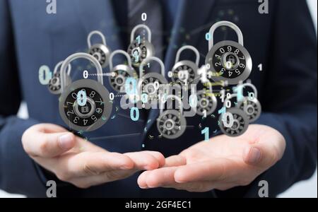 Man holding the virtual 3D padlock icons symbolizing data security Stock Photo