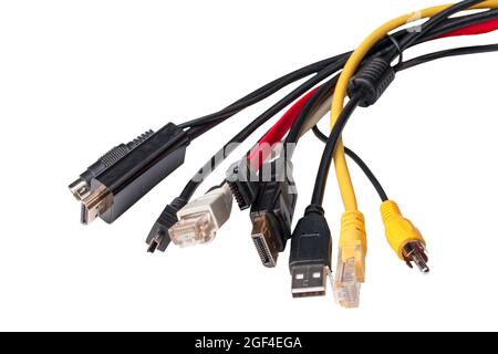 isolated set of computer cables on white background Stock Photo