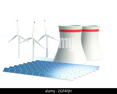 Alternative energy 3d concept - Wind power station nuclear power plant and solar panels against white background 3d rendering Stock Photo