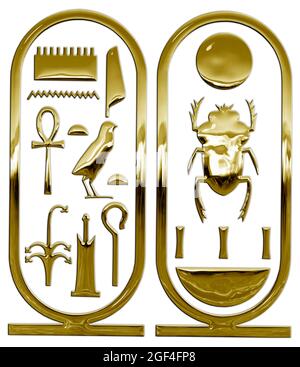 Gold cartouche of Tutankhamun, pharaoh of ancient egypt, graphic elaboration Stock Photo