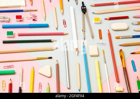 School supplies on pink background Stock Photo