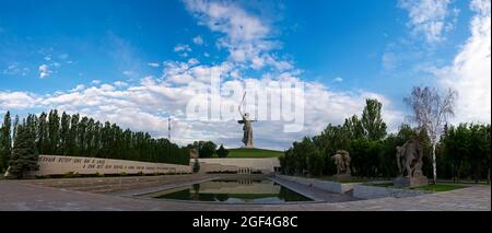 Memorial complex on the Mamayev Hill and the monument Motherland Calls in Volgograd in the Autumn Day Stock Photo