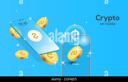 Blockchain concept. Stablecoin crypto on mobile, Bitcoin Cryptocurrency mining digital finance world vector illustration Stock Vector