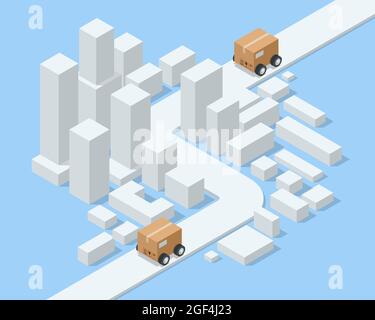 Isometric Logistics and Delivery concept. Delivery home and office. City logistics. Warehouse, truck, forklift, courier, drone and delivery man. Stock Vector