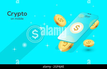 Blockchain concept. Stablecoin crypto on mobile, Bitcoin Cryptocurrency mining digital finance world vector illustration Stock Vector