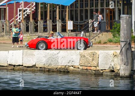 Mystic, CT USA fun/ July 23, 2011: Classic red Austin Healey 3000 Mk II convertible sports car at summer British Car Show in New England. Stock Photo