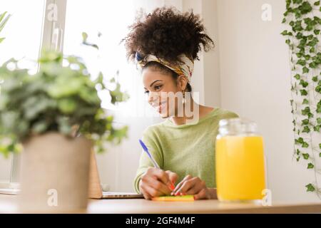 Smiling female freelancer writing on adhesive note while looking at laptop in home office Stock Photo