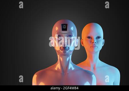 Portrait of two gynoids standing against black background Stock Photo