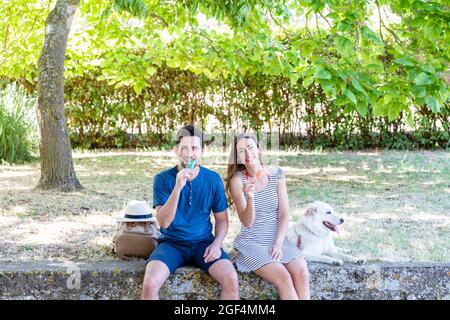 Smiling tourist couple enjoying ice cream while sitting by dog on retaining wall Stock Photo