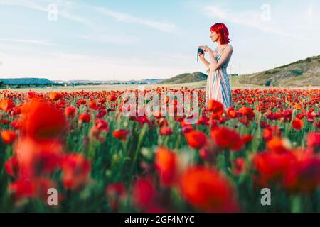 Redheaded woman with camera standing at poppy field Stock Photo