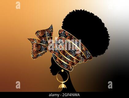 portrait beautiful African woman in traditional wax turban handmade wedding tribal motif, Kente head wrap African with gold ethnic earrings, black Stock Vector