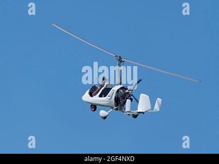 Balashikha Russia Black Airfield 22 May 2021: gyroplane Gyro Classic demonstration flight the Sky aviation festival, theory and practice. Stock Photo