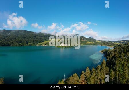Austria, Salzburg, Hof bei Salzburg, Drone view of Lake Fuschl in summer with Schloss Fuschl in background Stock Photo