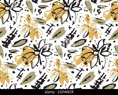 Ink Brush Stroke Vector Seamless Pattern. Hand painted orient grunge style design. Sun flower illustration in yellow, green, balck color palette Stock Vector