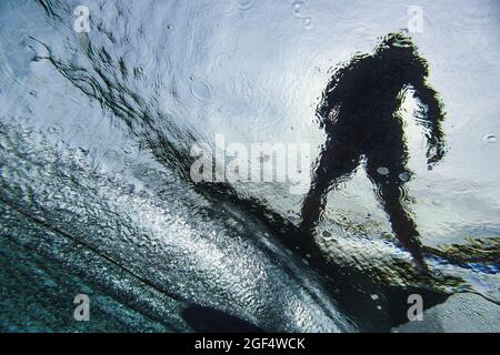 Underwater view of young man surfing in South Male Atoll Stock Photo