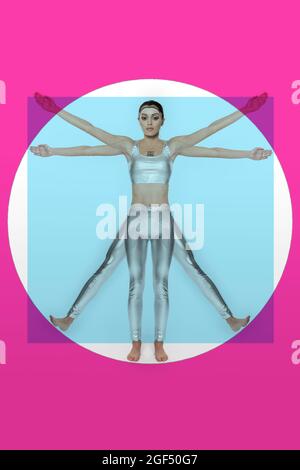 Robotic young woman in Vitruvian position over pink background Stock Photo