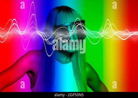 White wave pattern over woman wearing visor glasses against multi colored background Stock Photo