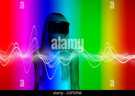 White wave pattern over woman wearing visor glasses against colored background Stock Photo