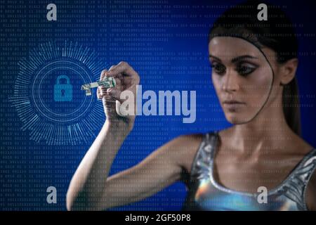 Robot young woman holding origami key over blue background Stock Photo