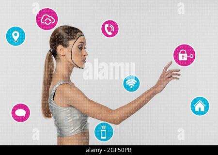 Cyborg woman touching lock icon over white background Stock Photo