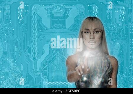 Cyborg in silver bodysuit touching interface over blue motherboard Stock Photo