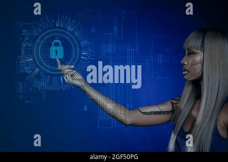 Cyborg touching lock icon against blue background Stock Photo