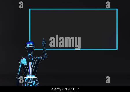 Three dimensional render of gynoid pointing at blank digital display Stock Photo