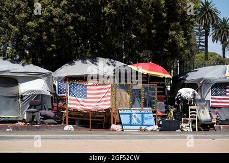 Los Angeles, CA USA - Julyl 3, 2021: Tents of homeless veterans surround the permieter of the Veterans Administration grounds Stock Photo