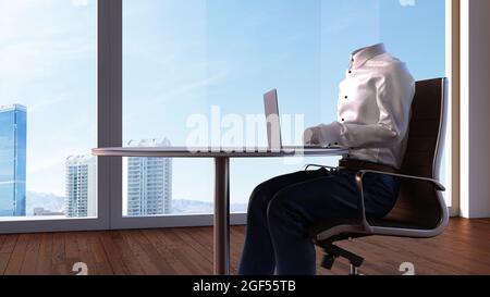 Three dimensional render of invisible person working on laptop in office Stock Photo