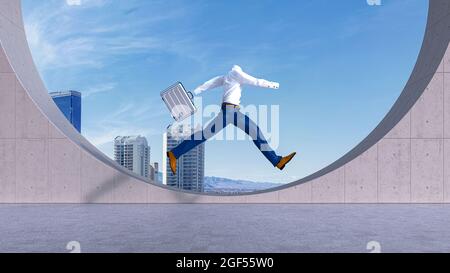 Three dimensional render of invisible person jumping on rooftop with suitcase in hand Stock Photo