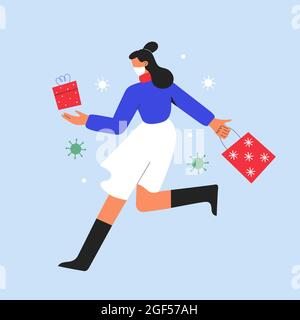 Christmas shopping, woman holding shopping bags hurrying in to buy Christmas gifts wearing protective face mask against covid, vector illustration Stock Vector