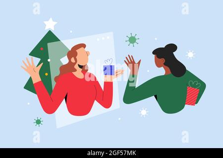 Christmas video call, women celebrating new year together during covid pandemic distantly, waving hands, exchanging gifts online, vector illustration Stock Vector