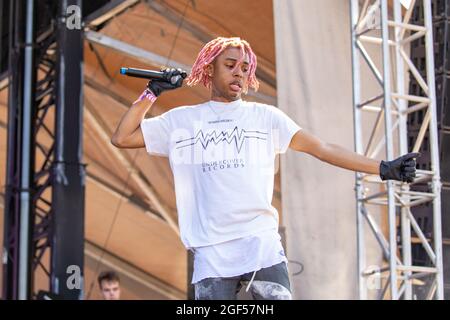 Chicago, USA. 22nd Aug, 2021. SoFaygo (Andre Dontrel Burt) during the Lyrical Lemonade Summer Smash Music Festival at Douglass Park on August 22, 2021, in Chicago, Illinois (Photo by Daniel DeSlover/Sipa USA) Credit: Sipa USA/Alamy Live News Stock Photo