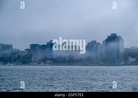 Halifax, Canada - 10 August 2021: Fog rolling over Halifax skyscrapers Stock Photo