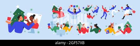 Social distancing on Christmas, people celebrating Christmas eve separated, making video calls, online party, wearing face masks, vector illustrations Stock Vector