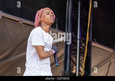 Chicago, USA. 22nd Aug, 2021. SoFaygo (Andre Dontrel Burt) during the Lyrical Lemonade Summer Smash Music Festival at Douglass Park on August 22, 2021, in Chicago, Illinois (Photo by Daniel DeSlover/Sipa USA) Credit: Sipa USA/Alamy Live News Stock Photo
