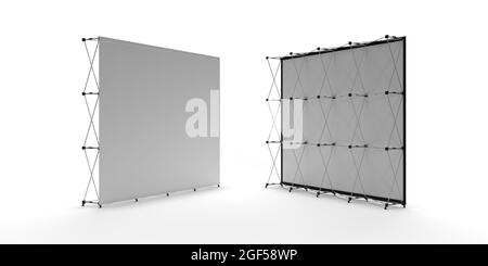 Trade exhibition stand, Wall Banner, 3D rendering visualization of exhibition product front and back of system, Advertising wall isolated on white.